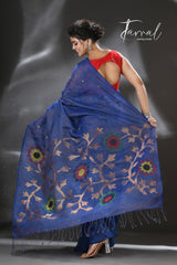 Blue with multicolour pure linen handwoven jamdani saree