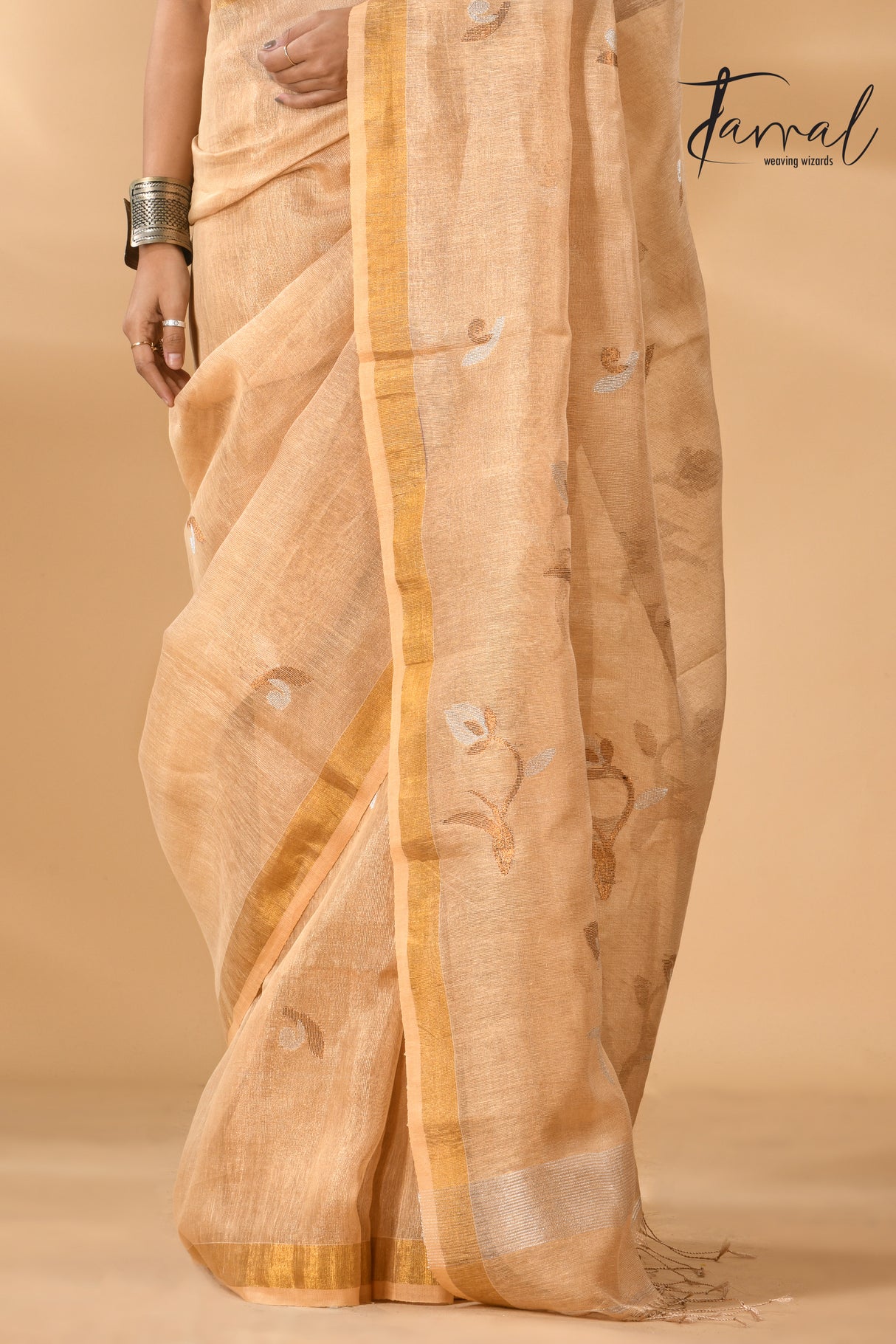 Golden buds tissue linen handwoven jamdani saree