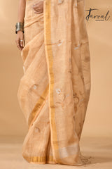 Golden buds tissue linen handwoven jamdani saree - Tamal Boutique