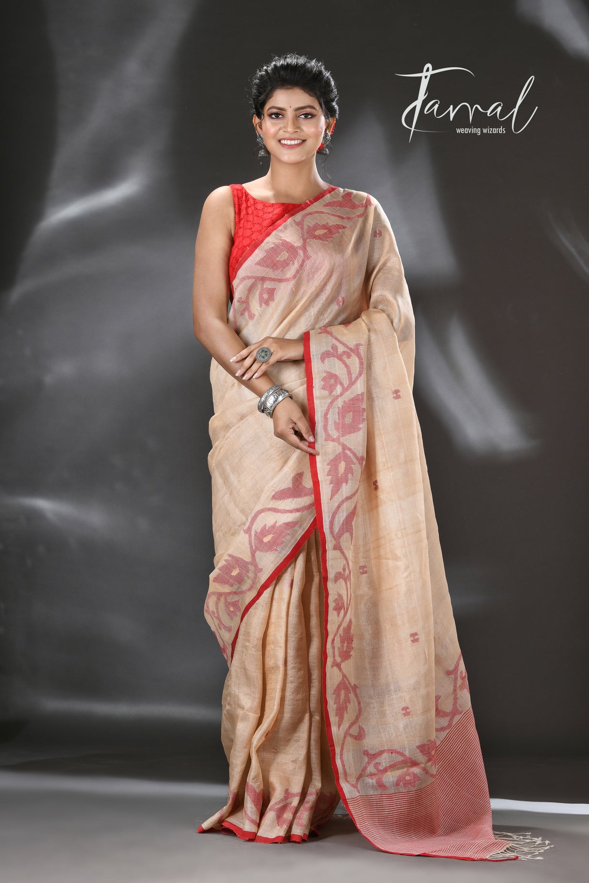 Light muga with red colour floral lata handwoven tussar silk jamdani saree