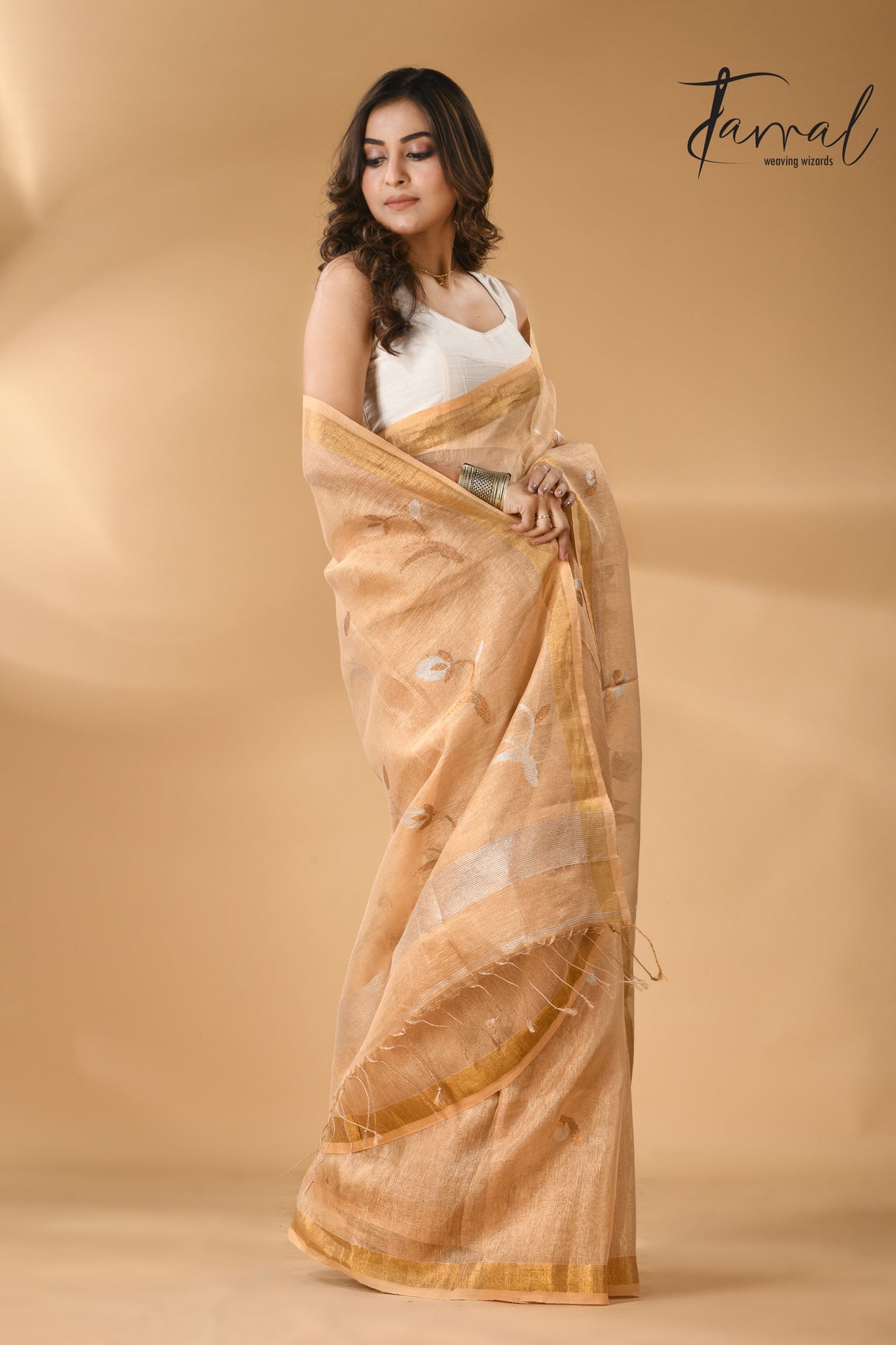 Golden buds tissue linen handwoven jamdani saree - Tamal Boutique