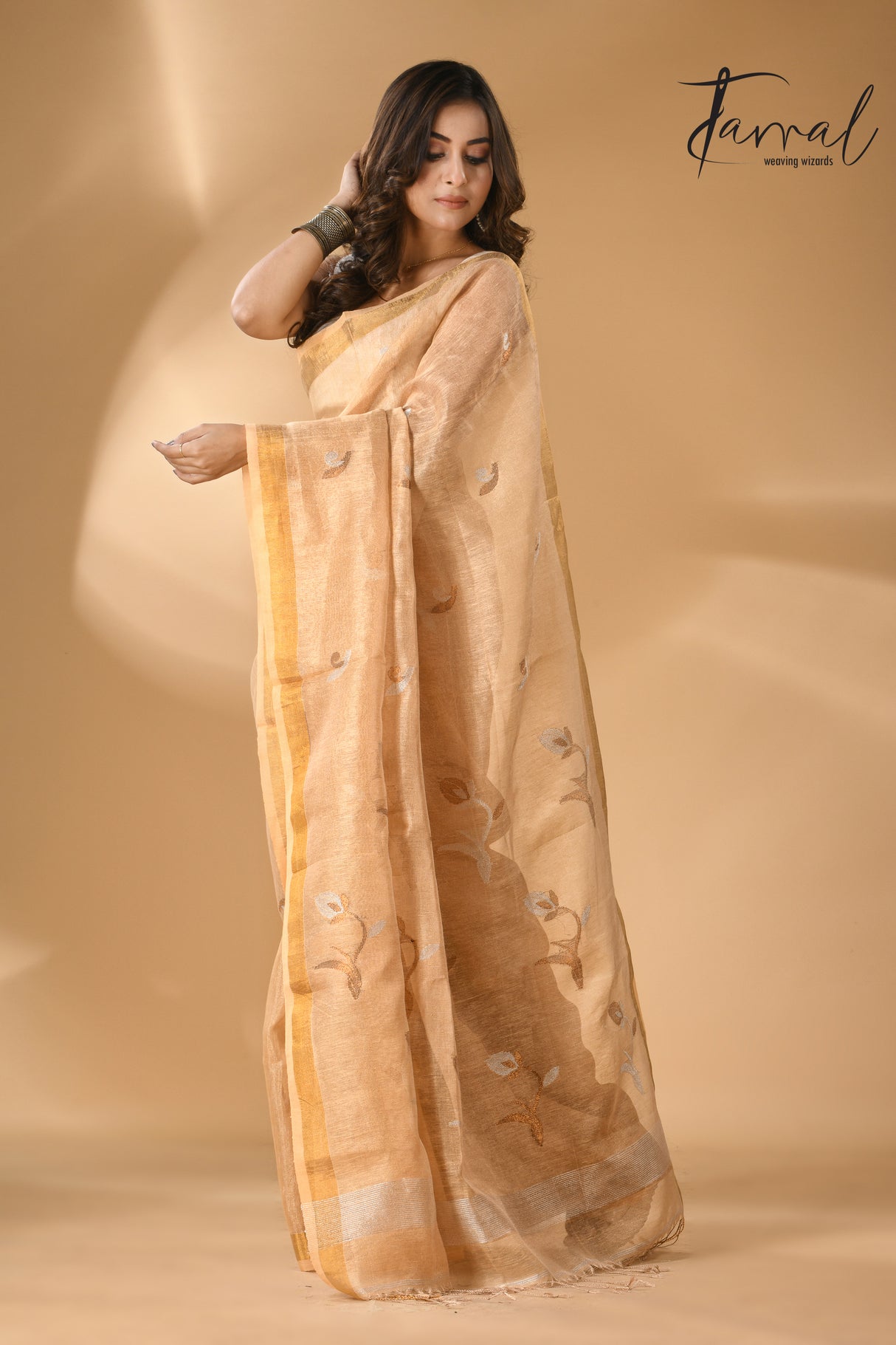 Golden buds tissue linen handwoven jamdani saree