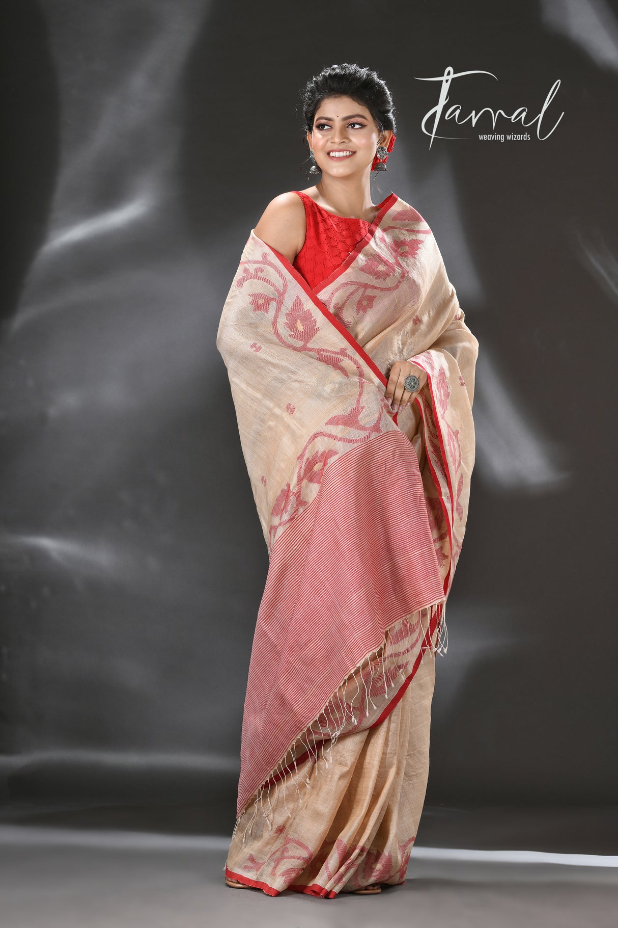 Light muga with red colour floral lata handwoven tussar silk jamdani saree