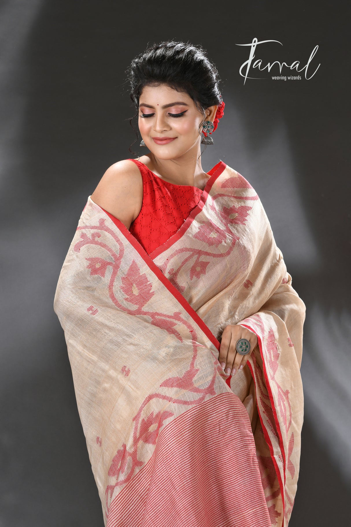 Light muga with red colour floral lata handwoven tussar silk jamdani saree