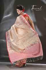 Light muga with red colour floral lata handwoven tussar silk jamdani saree