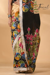 Cream with multi colour lotus handcrafted batik silk saree