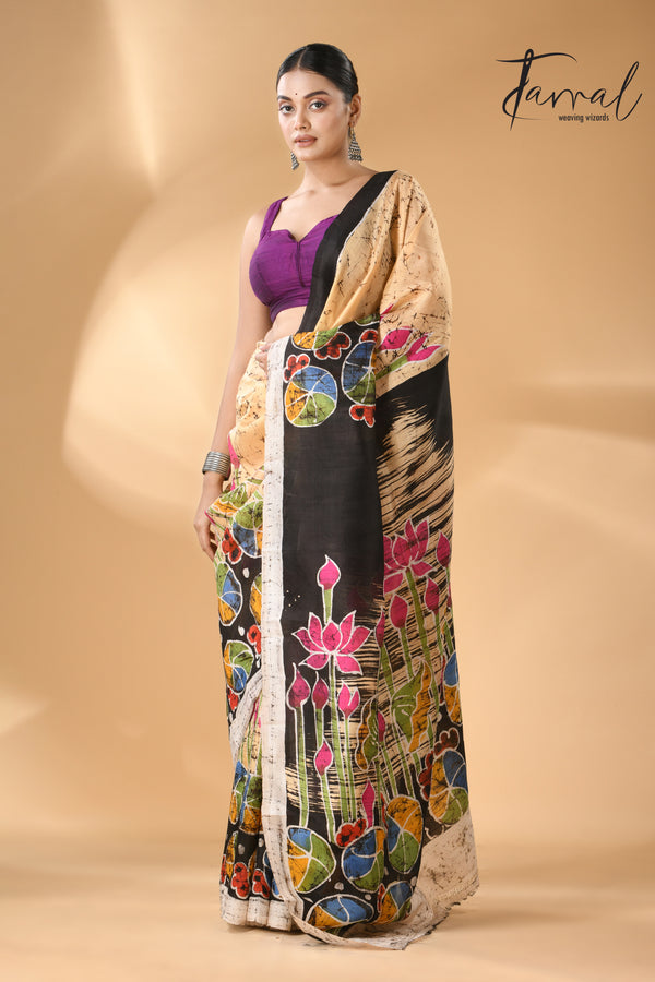 Cream with multi colour lotus handcrafted batik silk saree