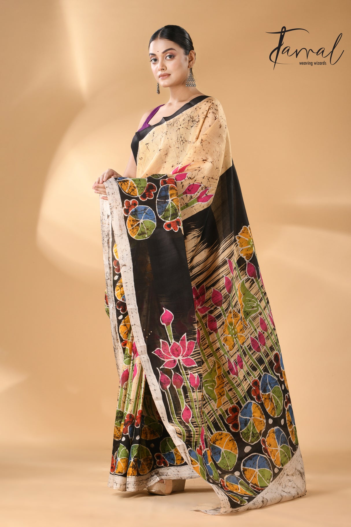 Cream with multi colour lotus handcrafted batik silk saree