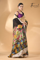 Cream with multi colour lotus handcrafted batik silk saree