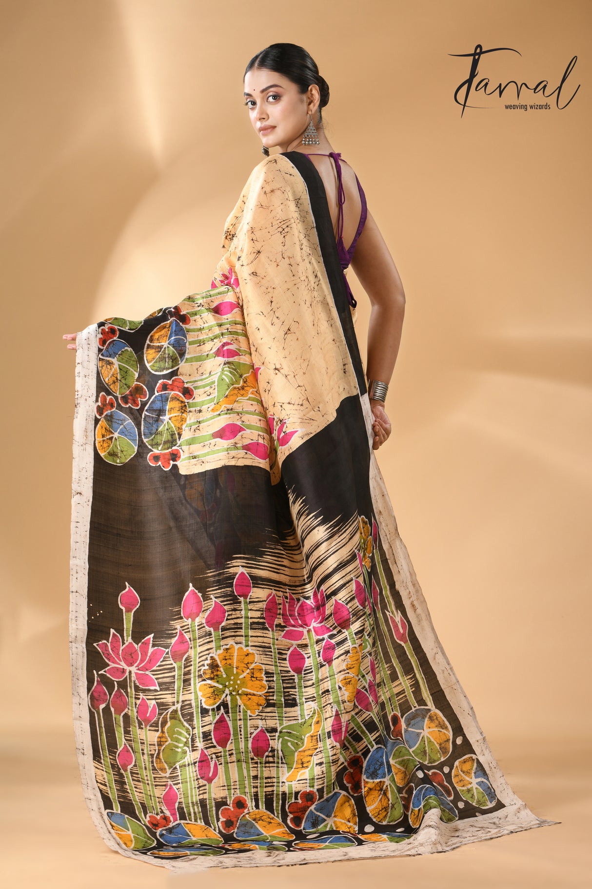 Cream with multi colour lotus handcrafted batik silk saree