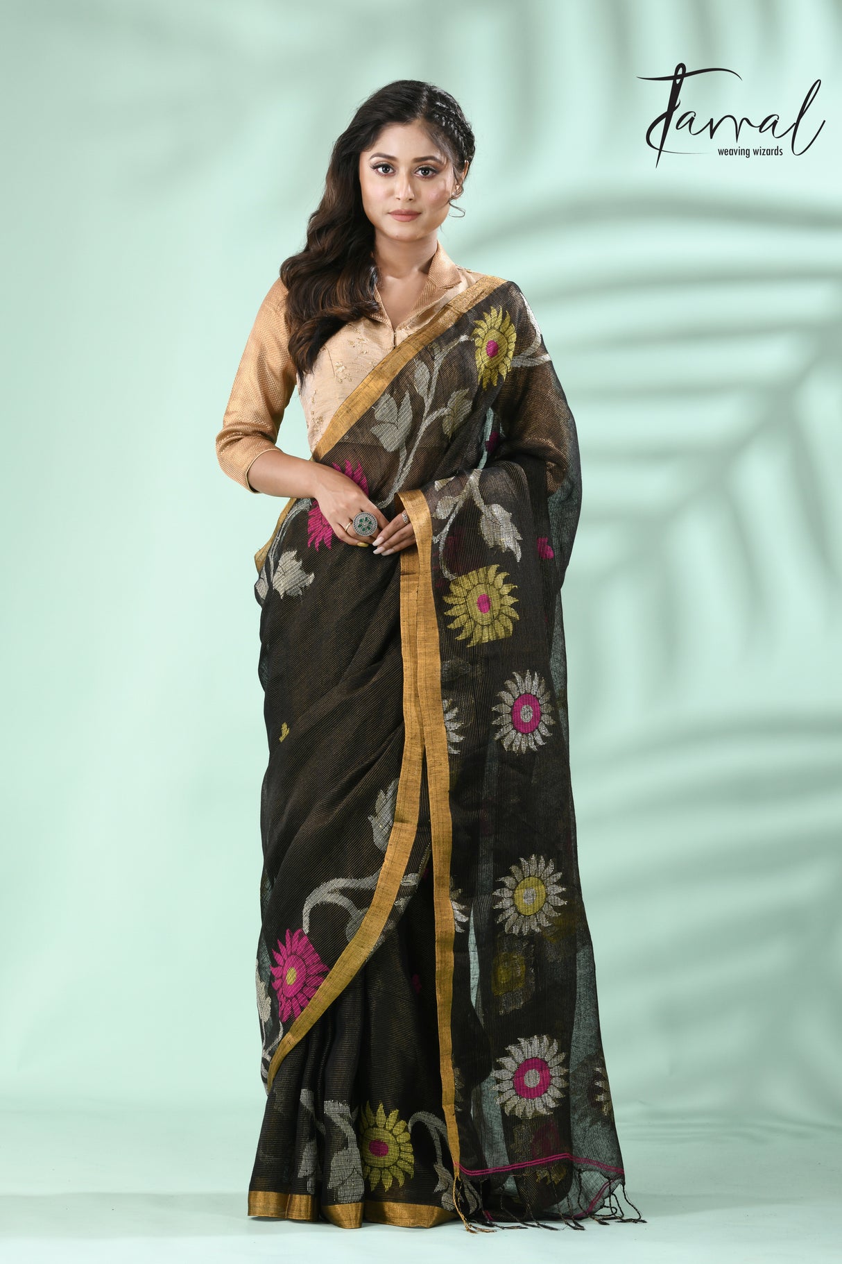 Black With multi colour sunflower motifs tissue linen handloom jamdani Saree - Tamal Boutique