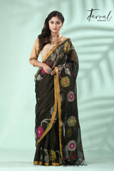 Black With multi colour sunflower motifs tissue linen handloom jamdani Saree - Tamal Boutique