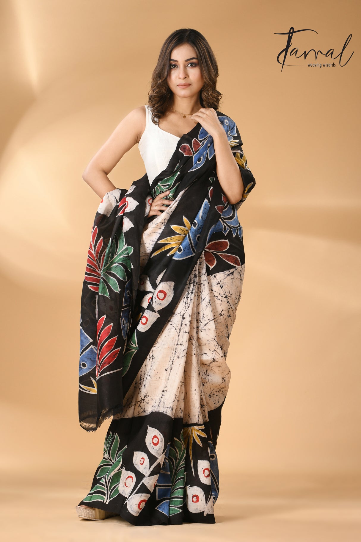 Off white with multi colour leaves hand batik design in katan silk saree - Tamal Boutique