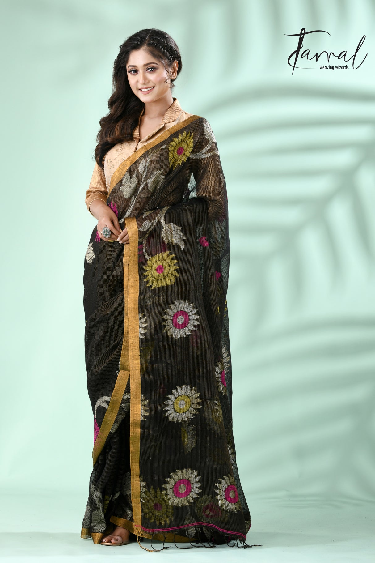 Black With multi colour sunflower motifs tissue linen handloom jamdani Saree