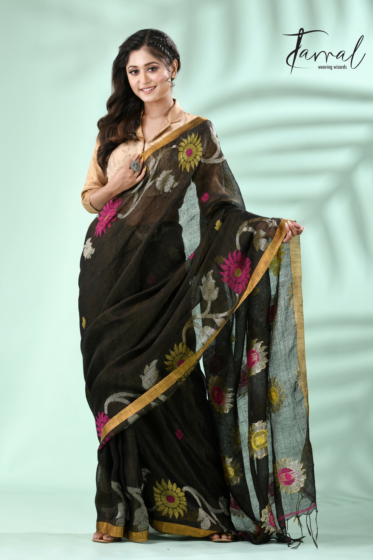 Black With multi colour sunflower motifs tissue linen handloom jamdani Saree - Tamal Boutique