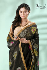 Black With multi colour sunflower motifs tissue linen handloom jamdani Saree - Tamal Boutique