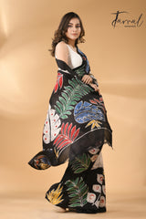 Off white with multi colour leaves hand batik design in katan silk saree - Tamal Boutique