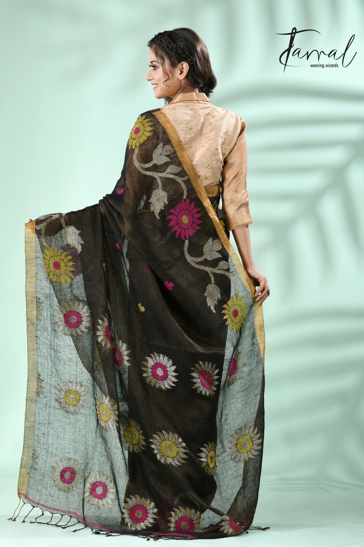 Black With multi colour sunflower motifs tissue linen handloom jamdani Saree - Tamal Boutique