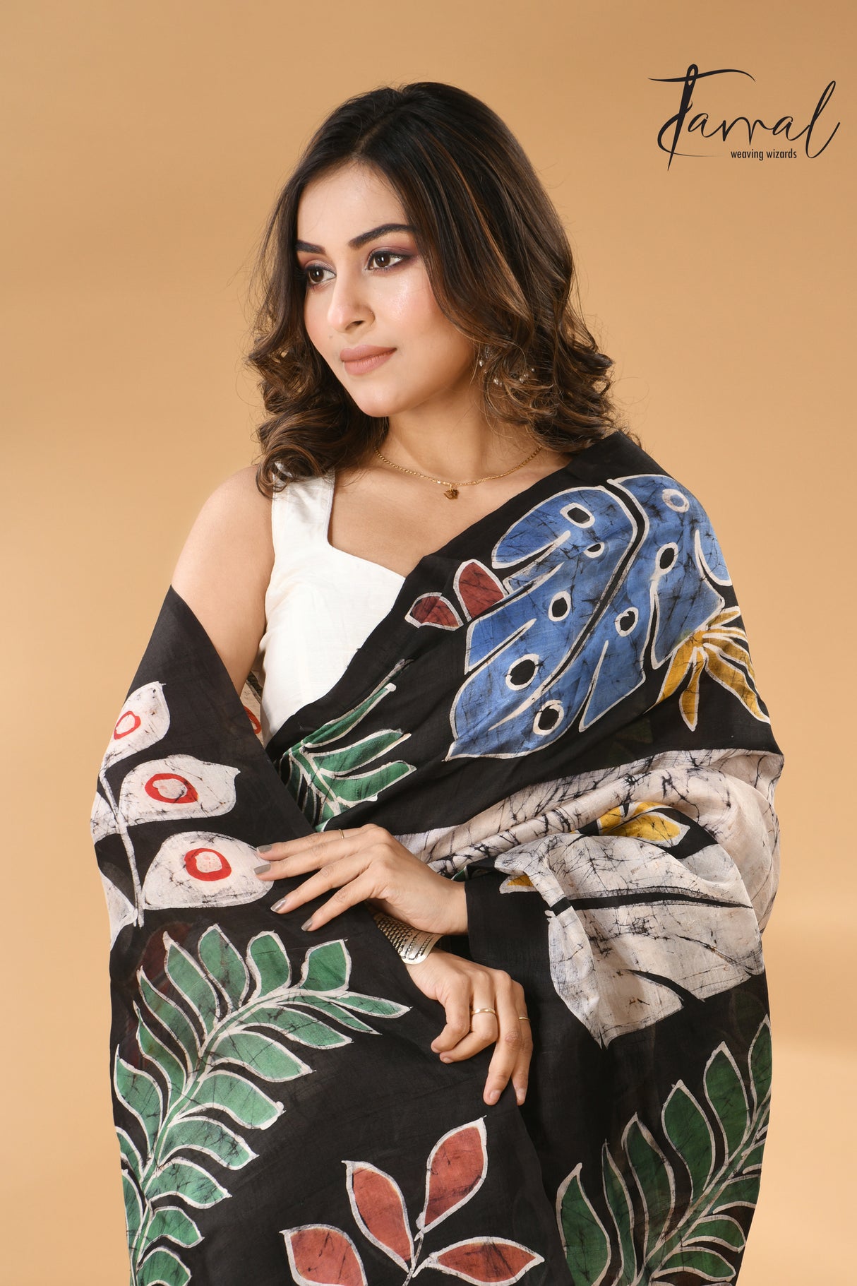 Off white with multi colour leaves hand batik design in katan silk saree - Tamal Boutique