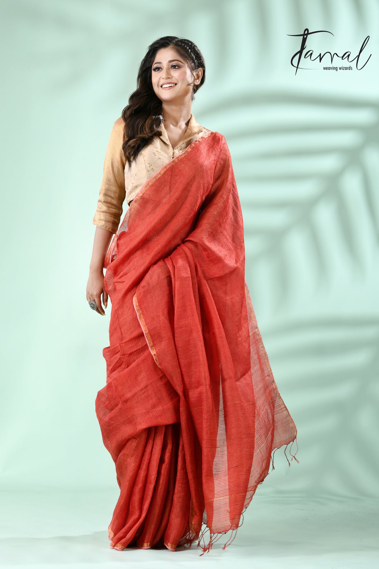 Red with zari check Tussar’s silk saree - Tamal Boutique