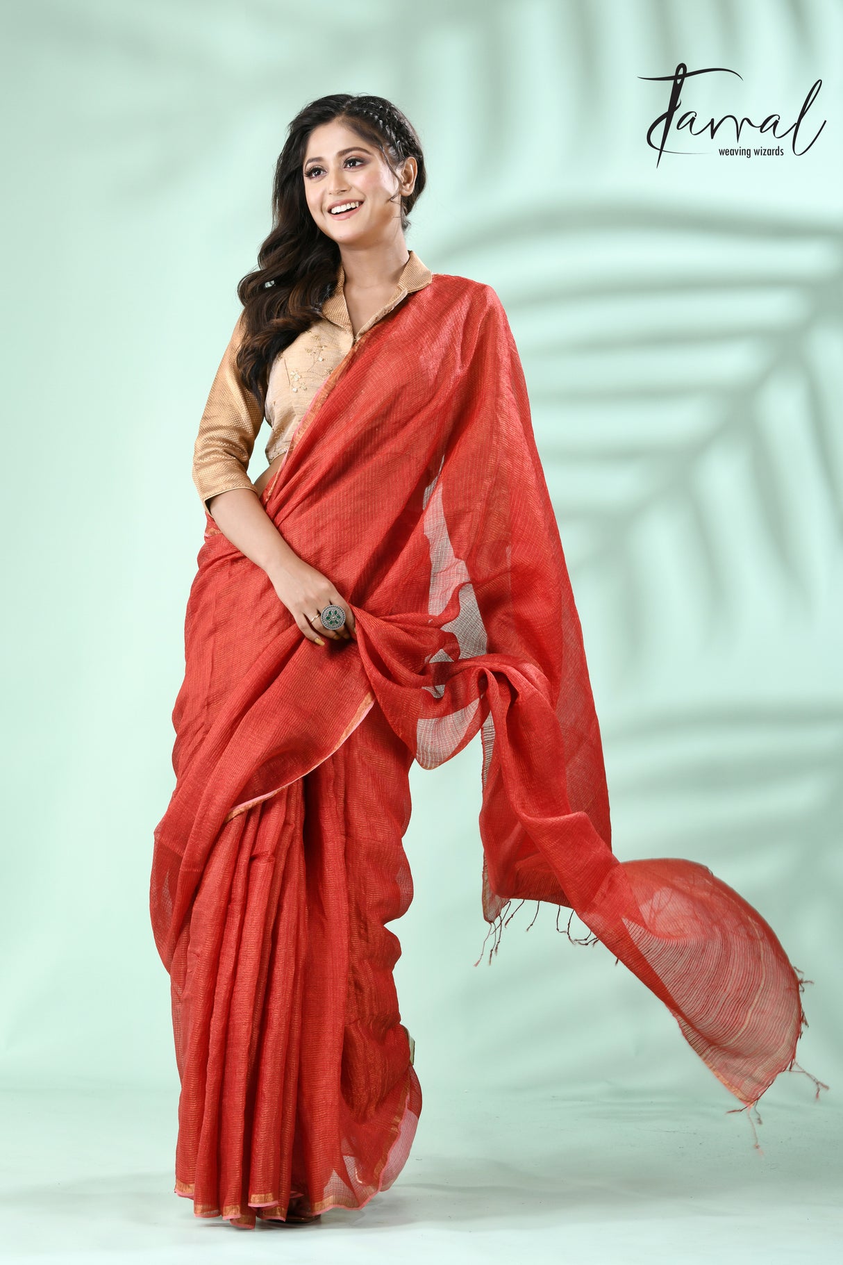 Red with zari check Tussar’s silk saree