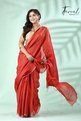 Red with zari check Tussar’s silk saree - Tamal Boutique