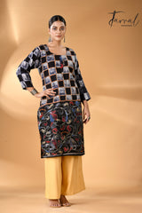 Black with indigo handcrafted batik with Kantha stitch work pure silk kurti