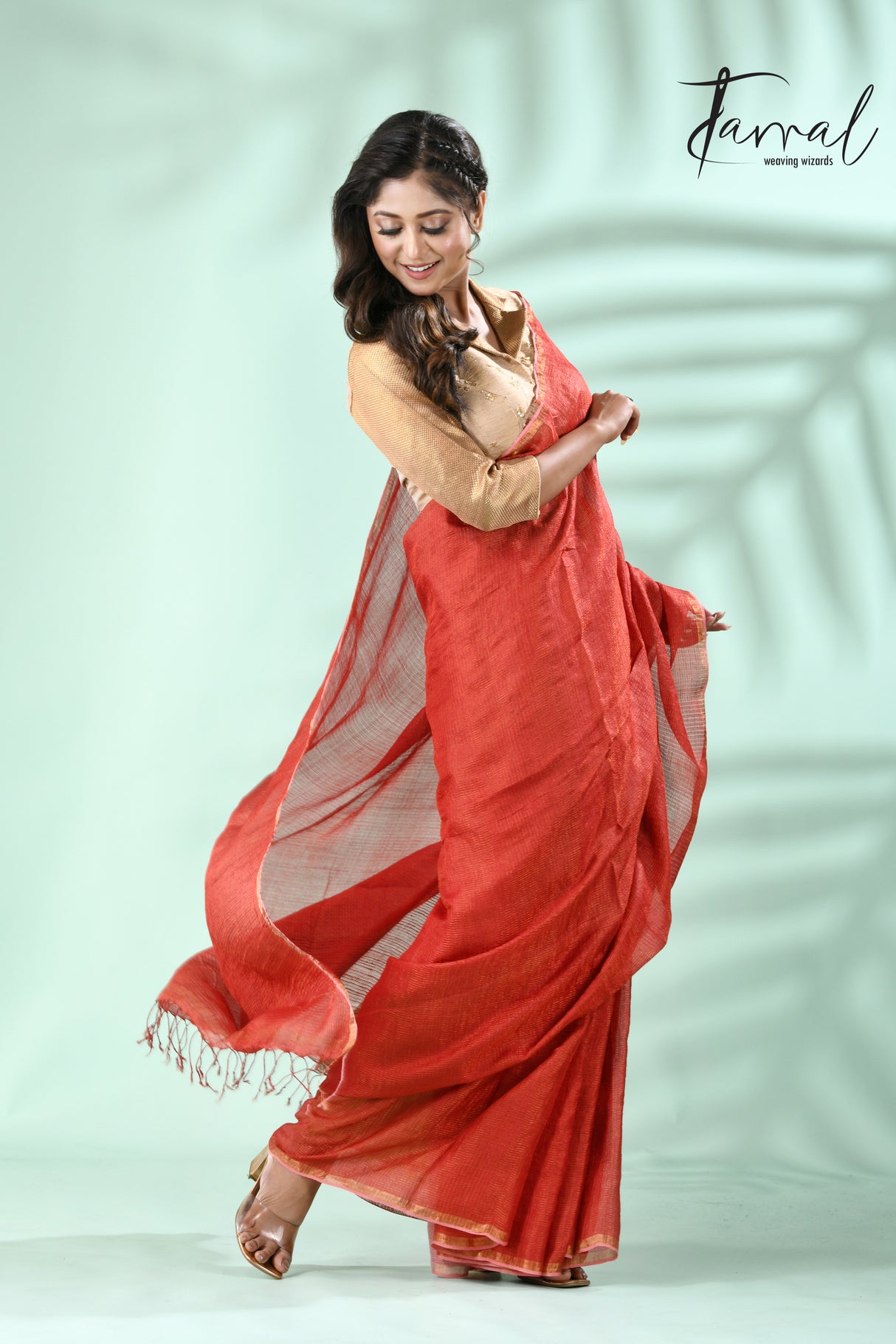 Red with zari check Tussar’s silk saree - Tamal Boutique