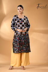 Black with indigo handcrafted batik with Kantha stitch work pure silk kurti