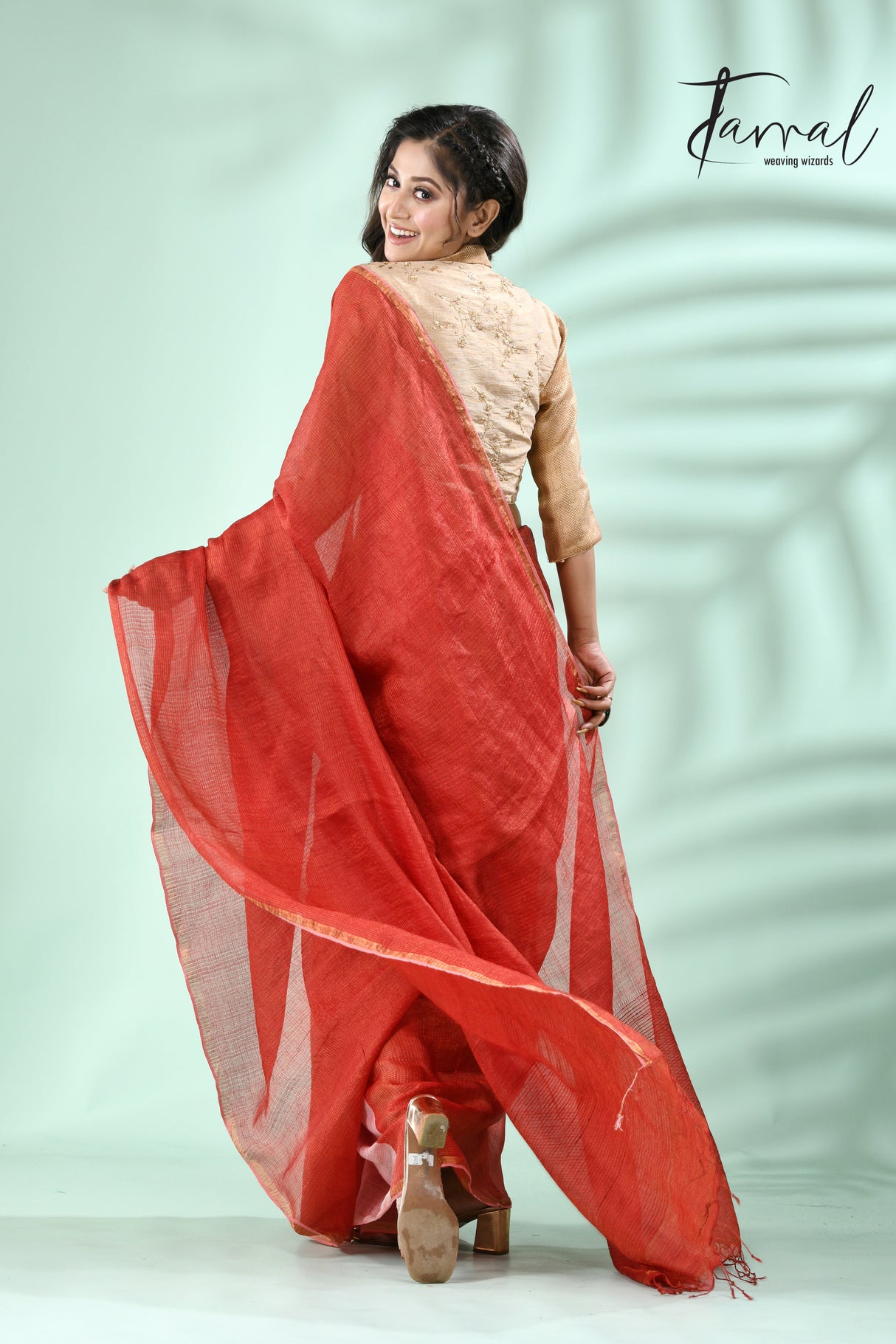 Red with zari check Tussar’s silk saree - Tamal Boutique