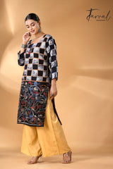 Black with indigo handcrafted batik with Kantha stitch work pure silk kurti