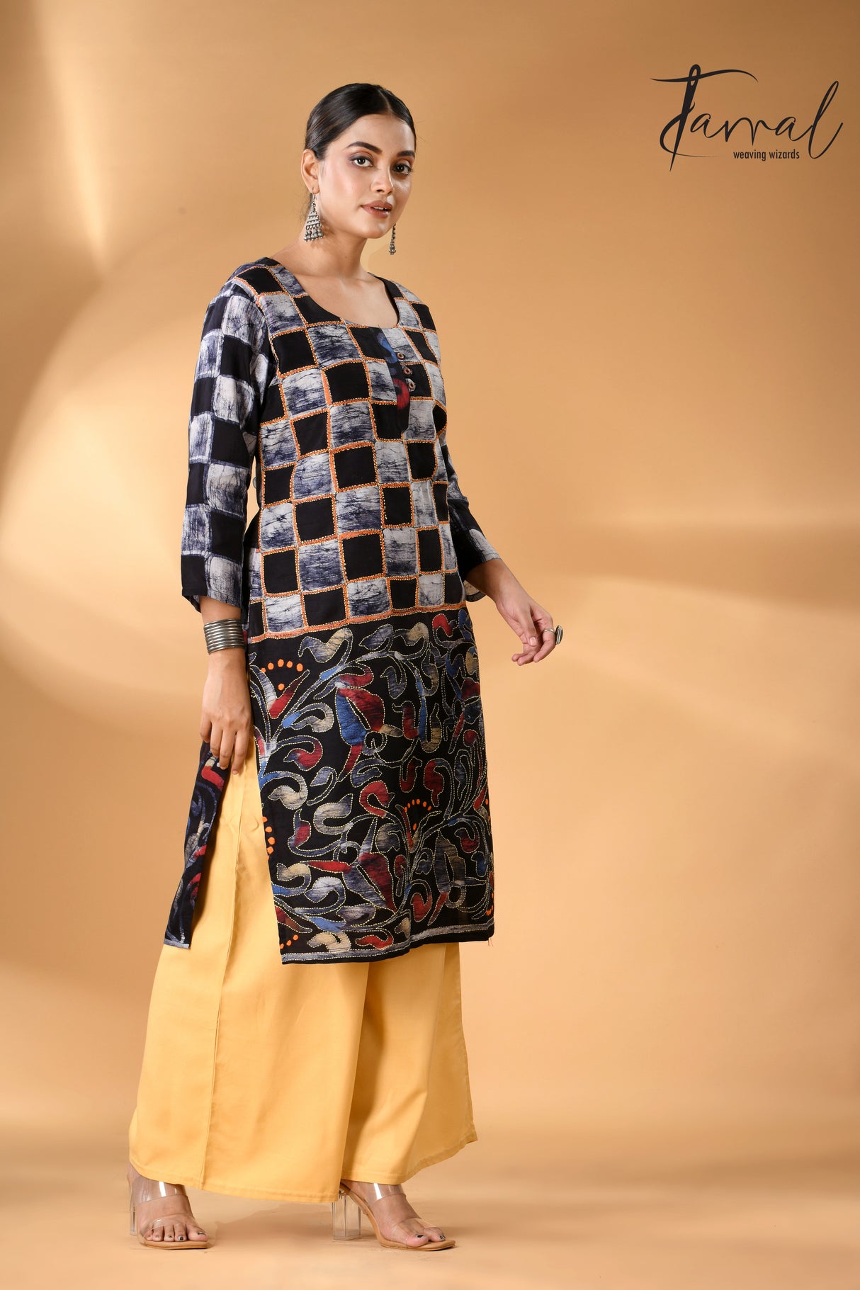 Black with indigo handcrafted batik with Kantha stitch work pure silk kurti