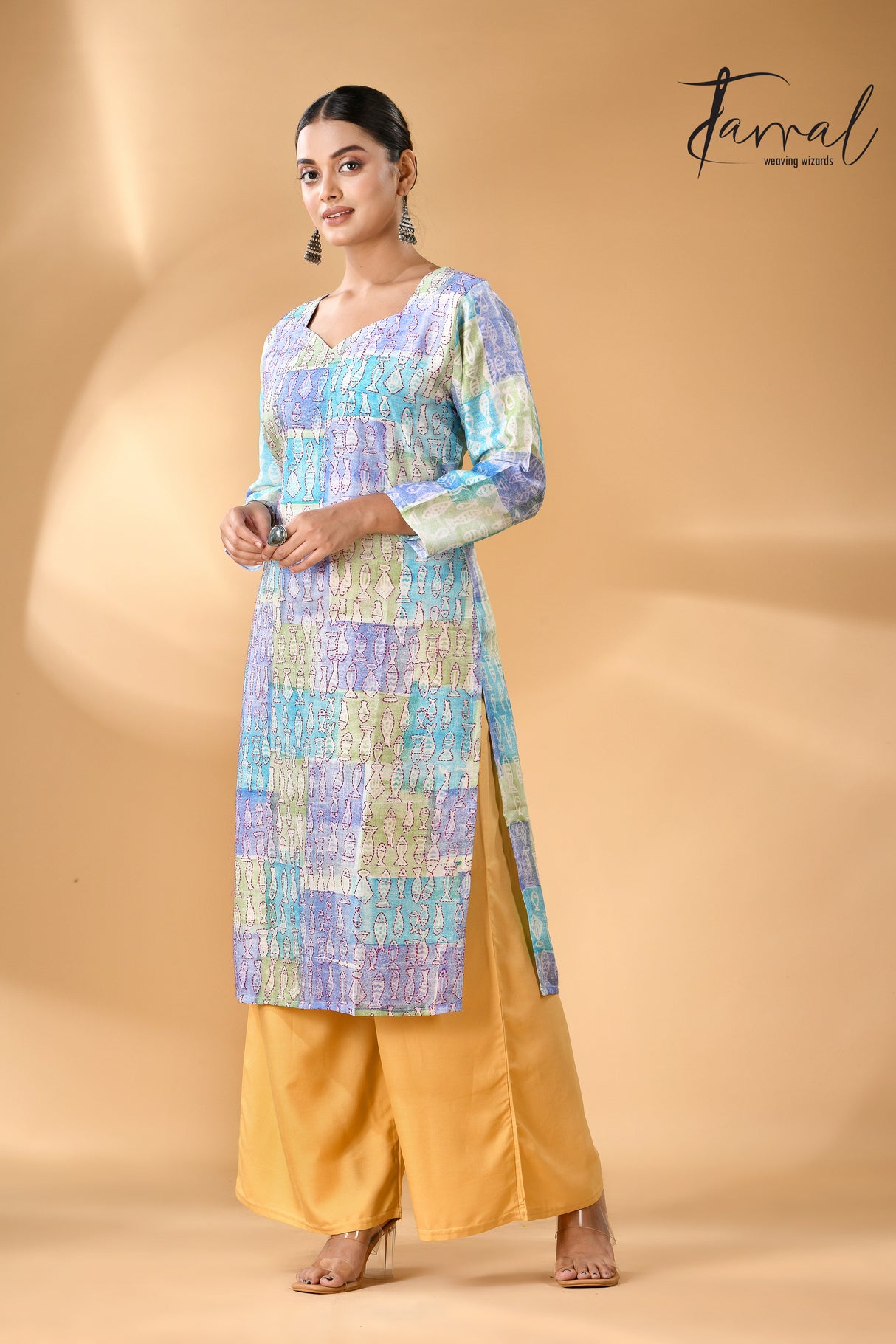 Tricolour symphony handcrafted batik with Kantha pure silk kurti