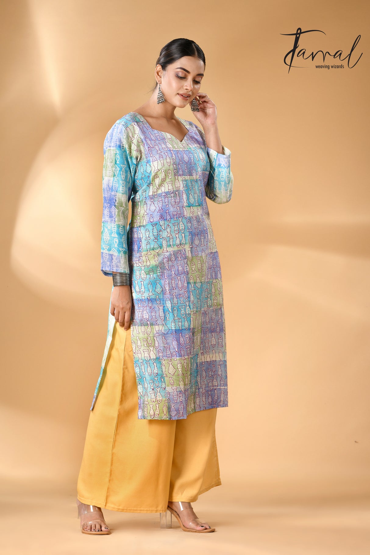 Tricolour symphony handcrafted batik with Kantha pure silk kurti