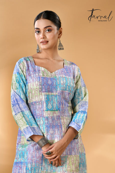 Tricolour symphony handcrafted batik with Kantha pure silk kurti