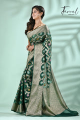 Bottle green with antic silver zari allover jal design banarasi silk saree