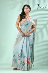 Light Blue with zari border tusser cotton floral hand painted zari check saree - Tamal Boutique