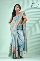 Light Blue with zari border tusser cotton floral hand painted zari check saree - Tamal Boutique