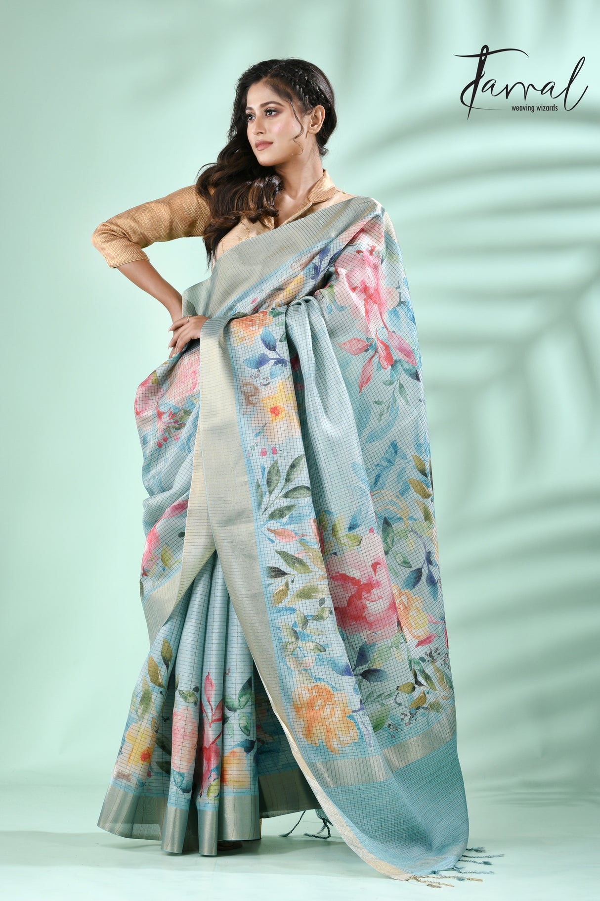 Light Blue with zari border tusser cotton floral hand painted zari check saree