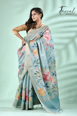 Light Blue with zari border tusser cotton floral hand painted zari check saree - Tamal Boutique