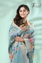 Light Blue with zari border tusser cotton floral hand painted zari check saree - Tamal Boutique