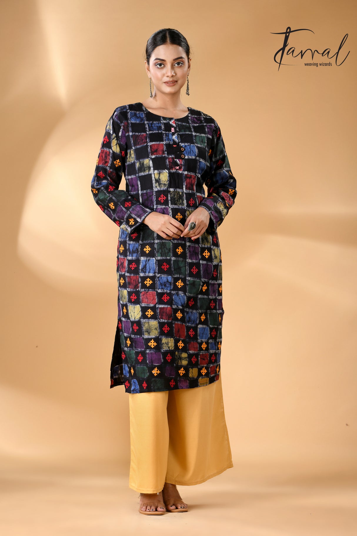 Black with multi colour Gujarati motifs handcrafted batik with Kantha stitch work pure silk kurti