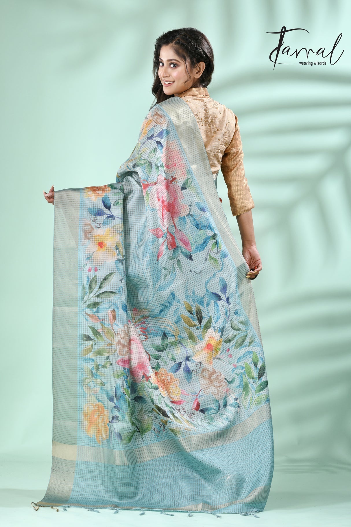 Light Blue with zari border tusser cotton floral hand painted zari check saree - Tamal Boutique