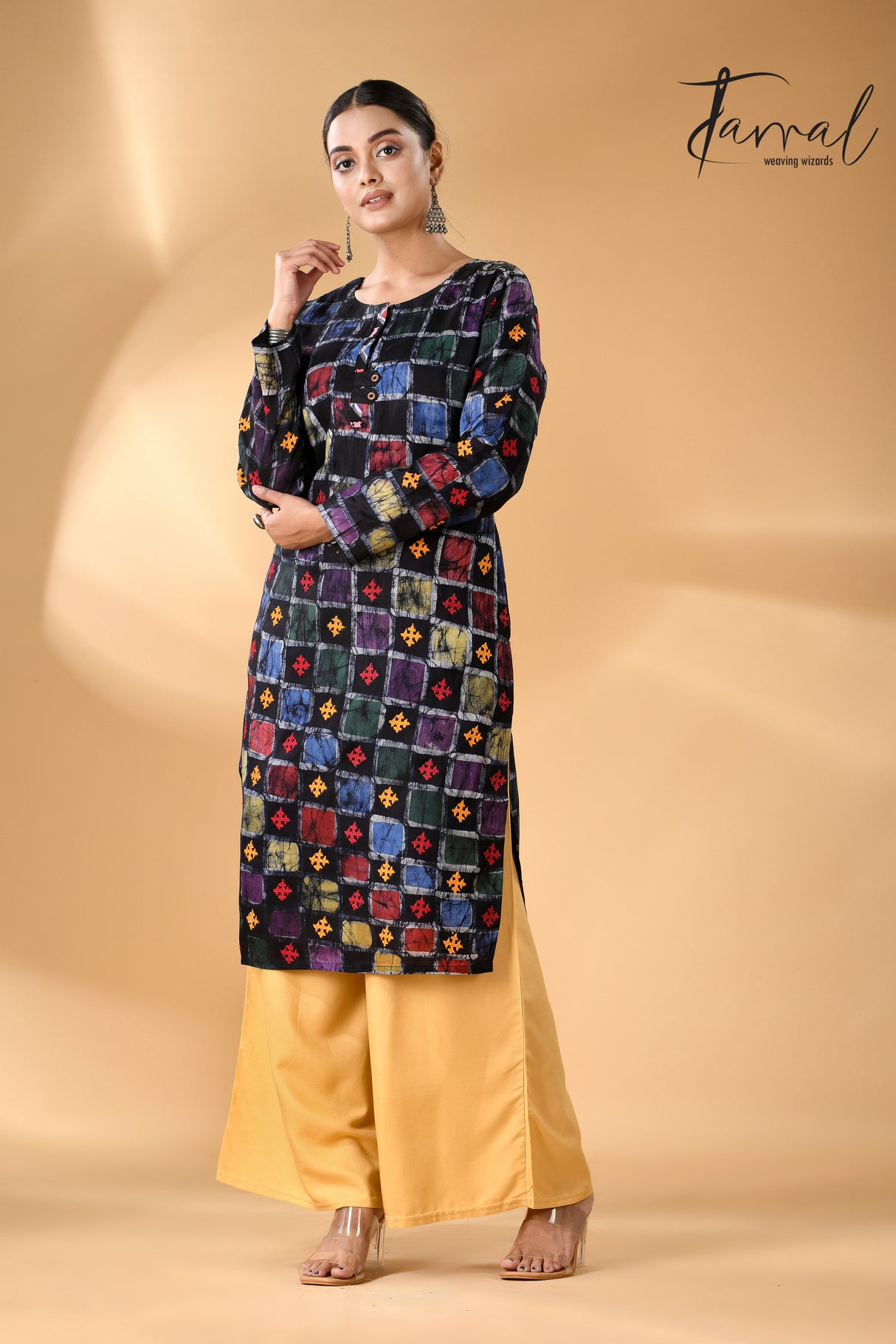 Black with multi colour Gujarati motifs handcrafted batik with Kantha stitch work pure silk kurti