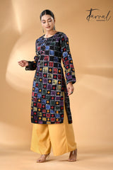 Black with multi colour Gujarati motifs handcrafted batik with Kantha stitch work pure silk kurti