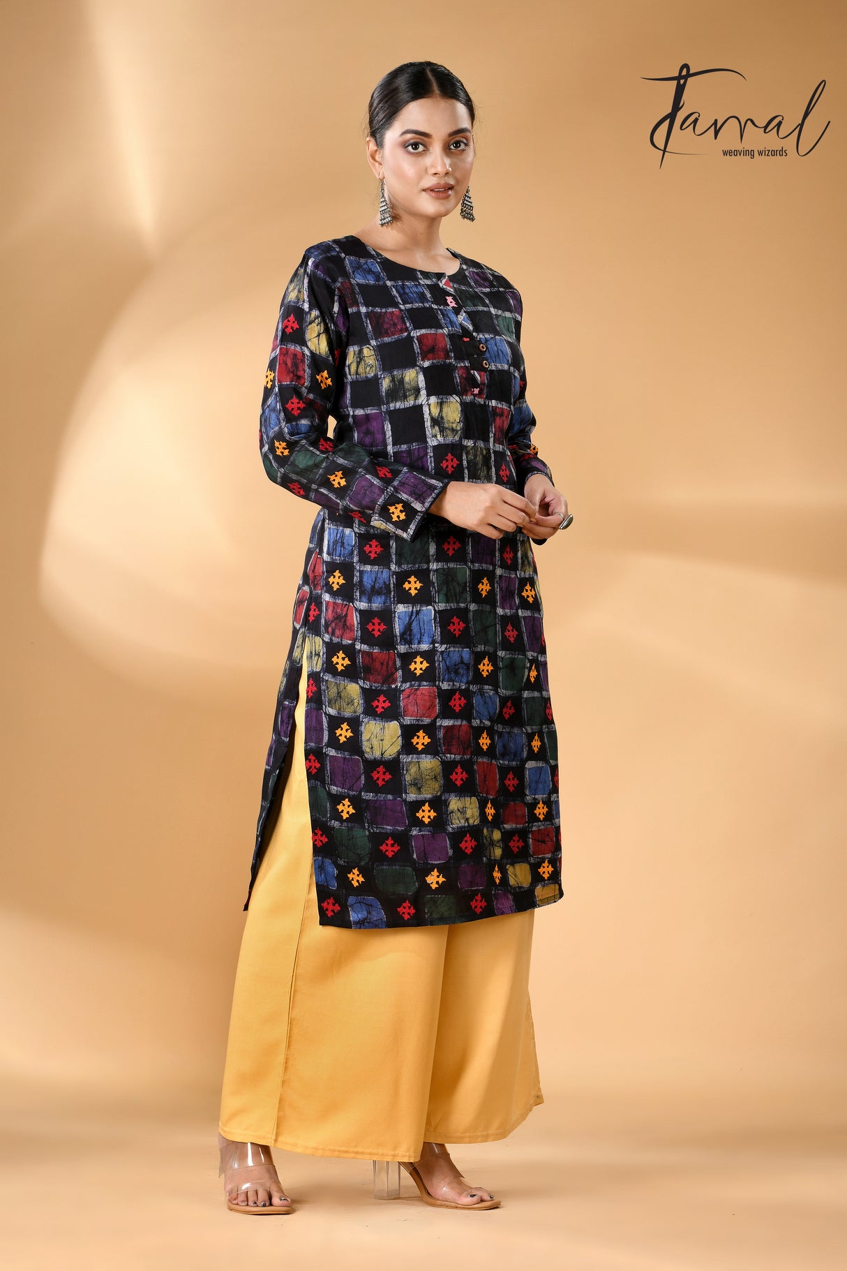 Black with multi colour Gujarati motifs handcrafted batik with Kantha stitch work pure silk kurti