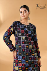 Black with multi colour Gujarati motifs handcrafted batik with Kantha stitch work pure silk kurti