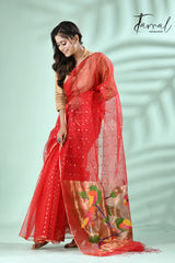 Red Parrot Organza silk paithani sequins saree