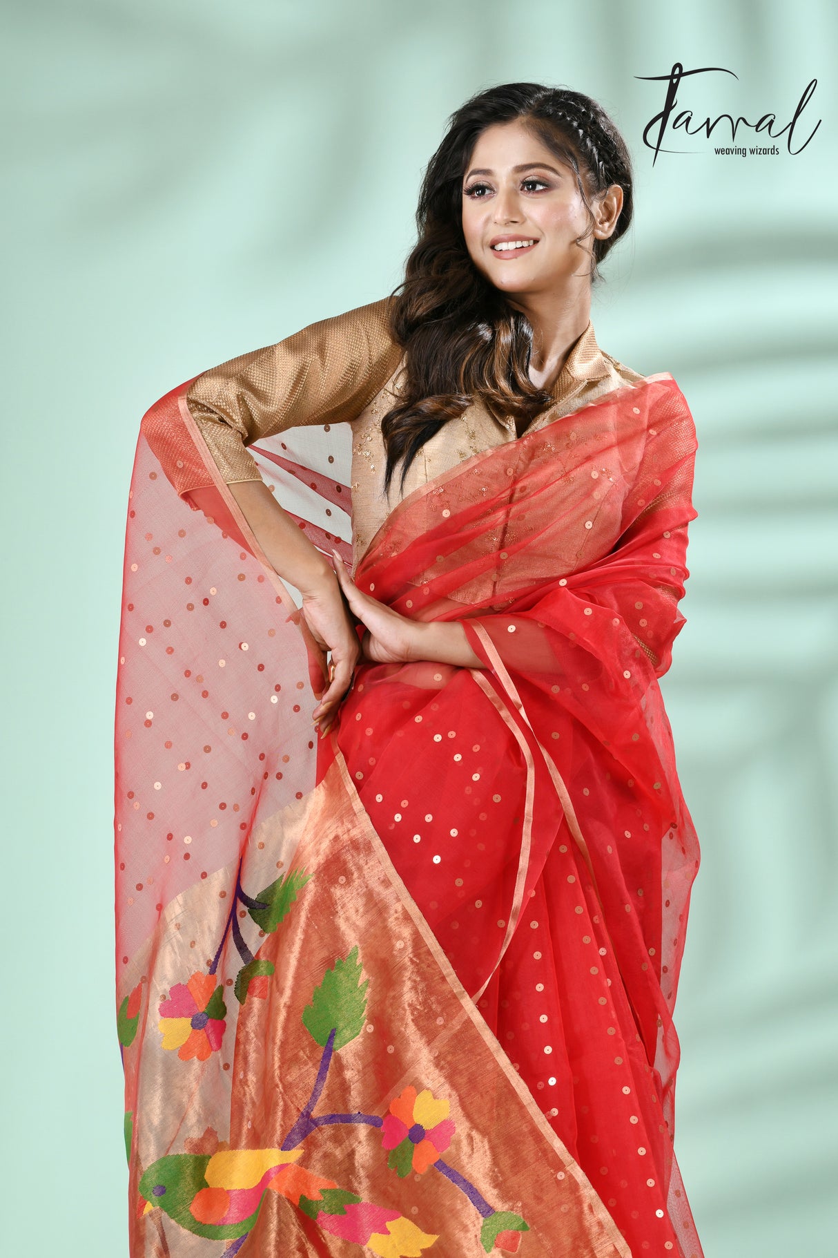 Red Parrot Organza silk paithani sequins saree - Tamal Boutique