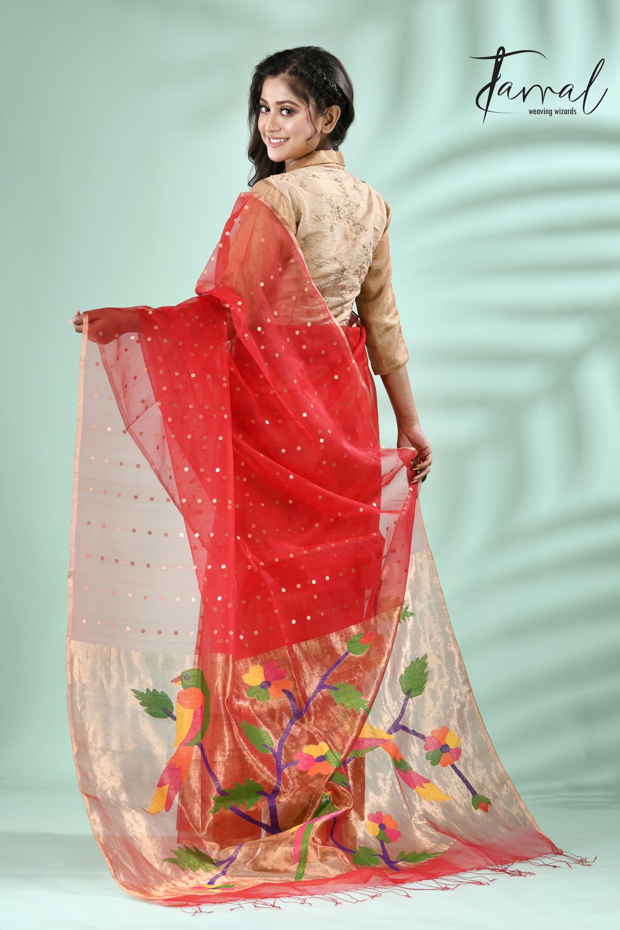 Red Parrot Organza silk paithani sequins saree